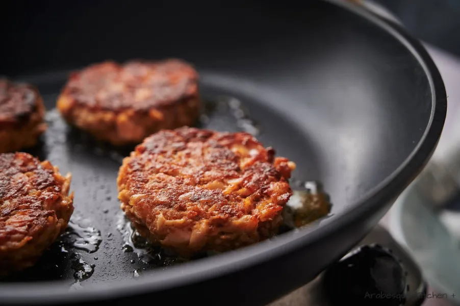 Place the patties in the skillet and cook them until golden brown on both sides, around 5 minutes per side.